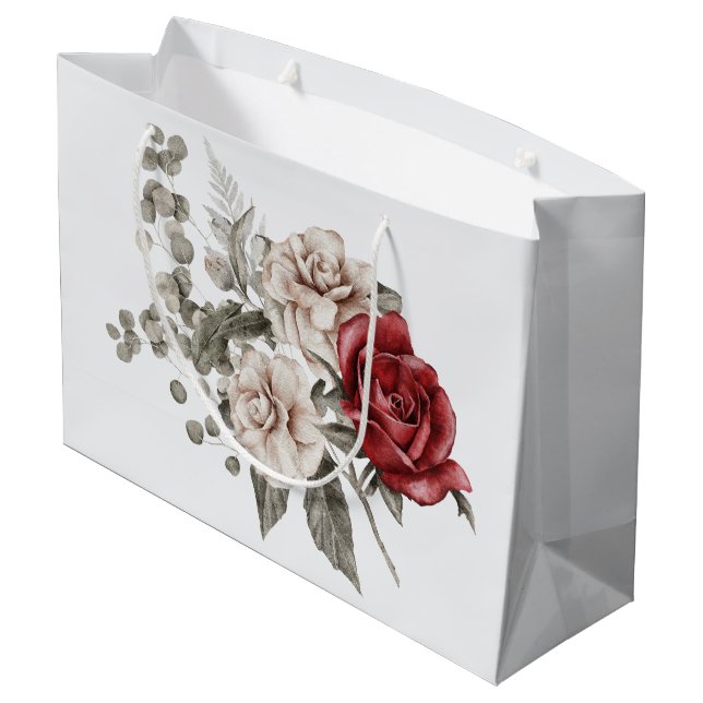 Red Grey & Cream Boho Flower Bouquet Large Gift Bag (Back Angled)