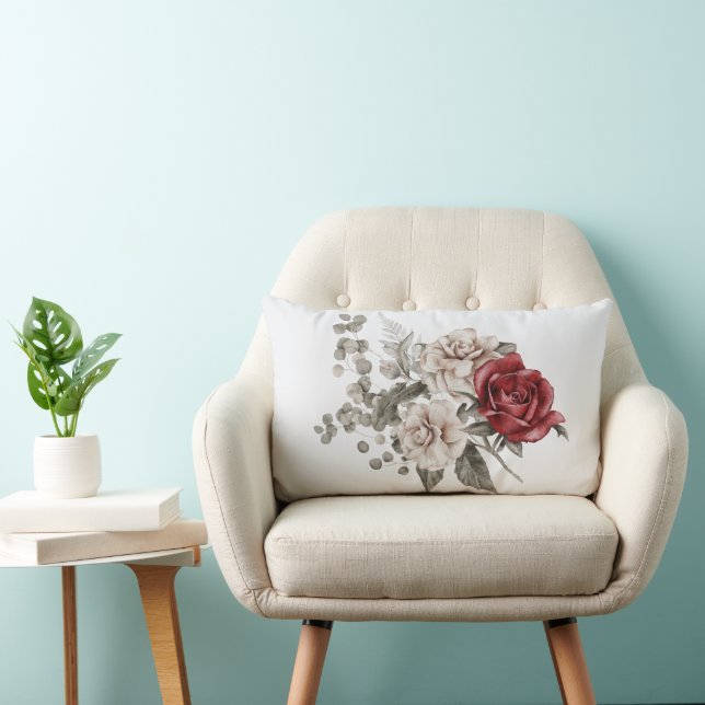 Red Grey & Cream Boho Flower Bouquet Lumbar Cushion (Chair)