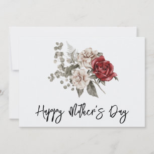 Red Grey & Cream Boho Flower Bouquet Mother's Day Holiday Card