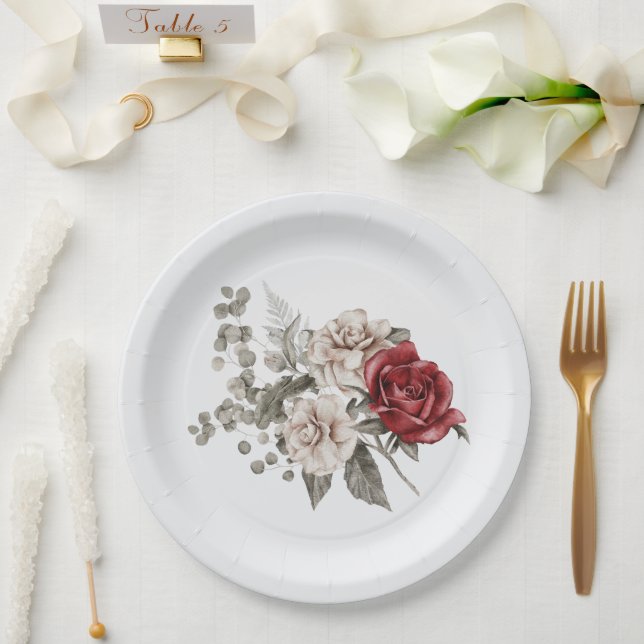 Red Grey & Cream Boho Flower Bouquet Paper Plate (Wedding)