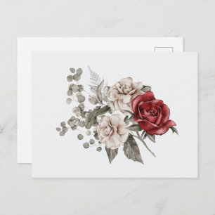 Red Grey & Cream Boho Flower Bouquet Postcard