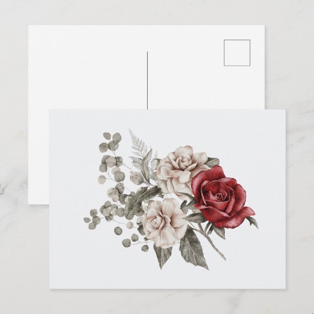 Red Grey & Cream Boho Flower Bouquet Postcard (Front/Back)