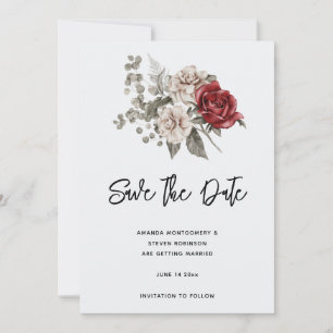 Red Grey & Cream Boho Flower Bouquet Save The Date