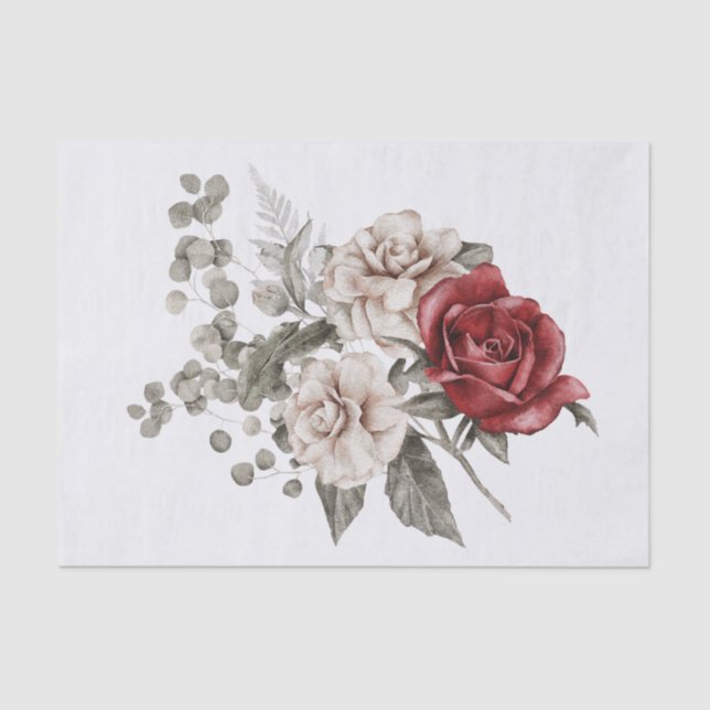 Red Grey & Cream Boho Flower Bouquet Tissue Paper (Front)