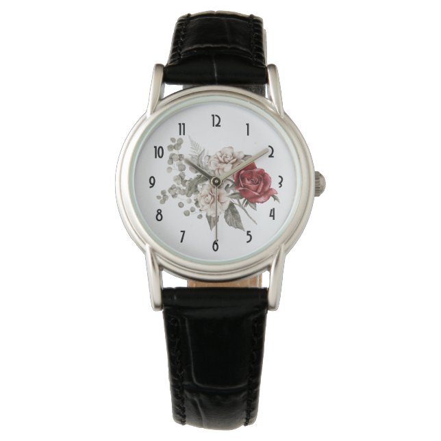 Red Grey & Cream Boho Flower Bouquet Watch (Front)