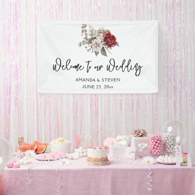 Red Grey & Cream Boho Flower Bouquet Wedding Banner (Party)