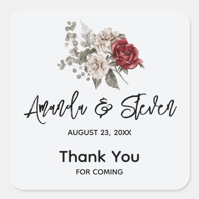 Red Grey & Cream Boho Flower Bouquet Wedding Square Sticker (Front)