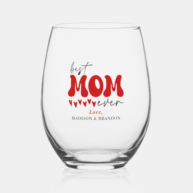 Red Grey Cute Best Mum Ever Stemless Wine Glass (Front)
