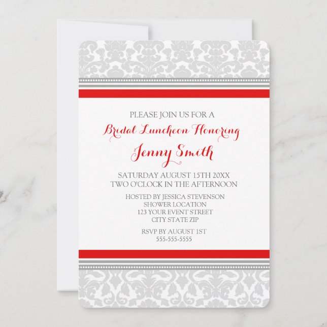Red Grey Damask Bridal Lunch Invitation Cards (Back)