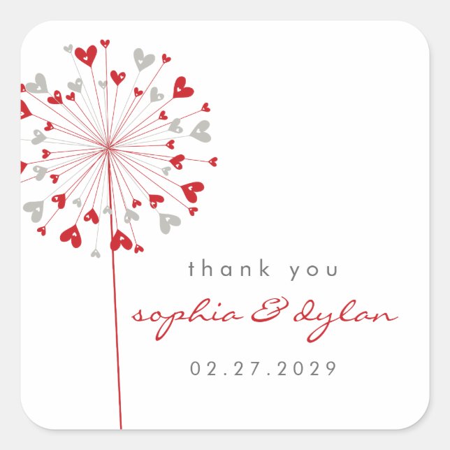 Red & Grey Dandelion Flower Love Hearts Wedding Square Sticker (Front)