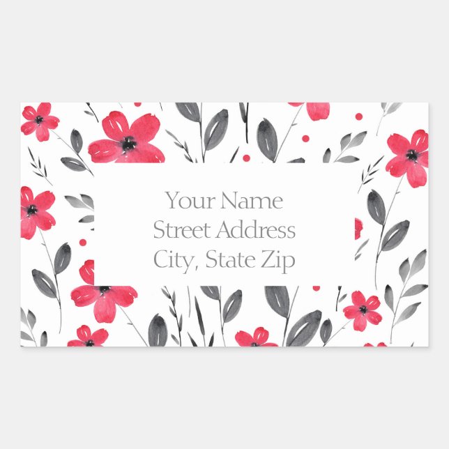 Red, Grey Five Petal Watercolor Flower Motif Rectangular Sticker (Front)