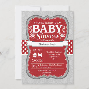 Red Grey Floral Flower Baby Shower Invitation