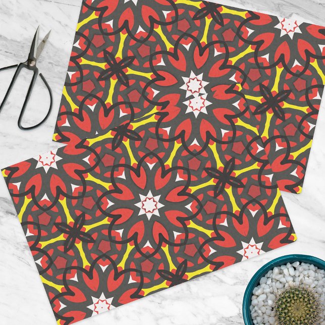 Red Grey Floral Folk Art Ethnic Geometric Pattern Tissue Paper (Creator Uploaded)