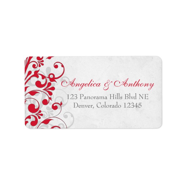 Red Grey Floral Wedding Return Address Labels (Front)