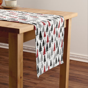 Red Grey Forest Trees on White Winter Pattern Short Table Runner