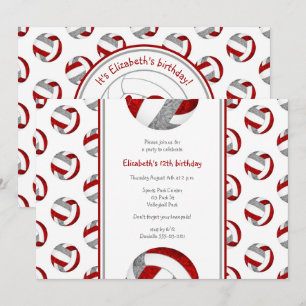 red grey girls' volleyball birthday party invitation
