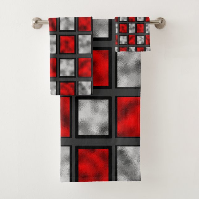 Red Grey Glass Tiles Bath Towel Set (Insitu)