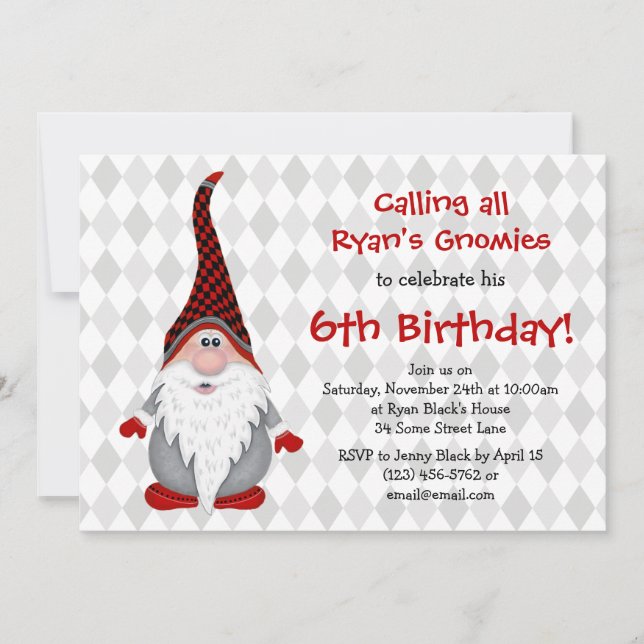 Red Grey Gnome Kids Birthday Party Invitation (Front)