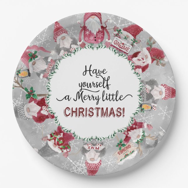 Red Grey Gnomes Christmas Snowflakes Leaf Foliage Paper Plate (Front)