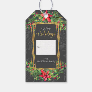 Red Grey Gold Floral Happy Holidays Gift Tags