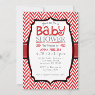 Red Grey Herringbone Baby Shower Invitations