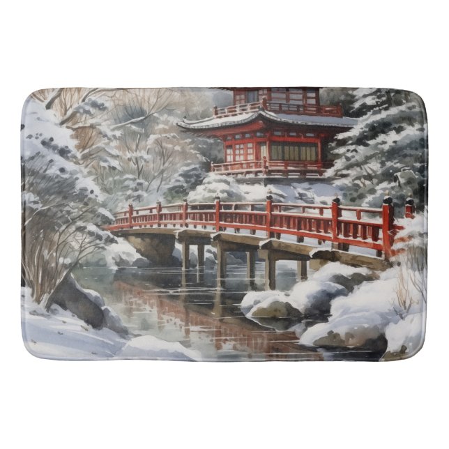 Red Grey Japanese Pagoda Soribashi Winter Bath Mat (Front)