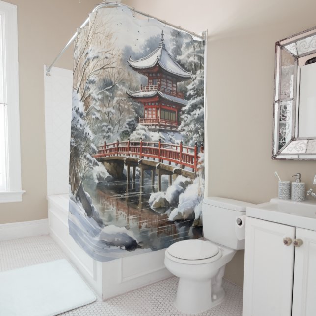 Red Grey Japanese Pagoda Soribashi Winter Shower Curtain (In Situ)