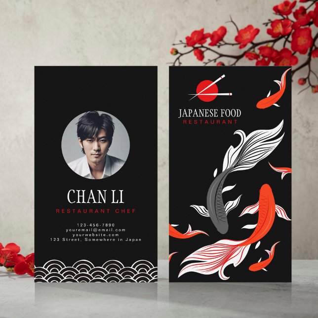 Red Grey Koi fish On Black Background Japanese Art Business Card (Creator Uploaded)