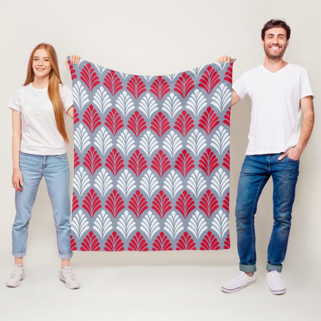 Red Grey Leaf Wing-like Feather Geometric Pattern Fleece Blanket (In Situ)
