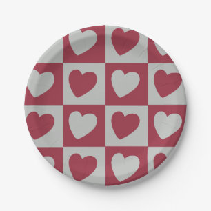 Red Grey Love Hearts Chequered Pattern Party Paper Plate