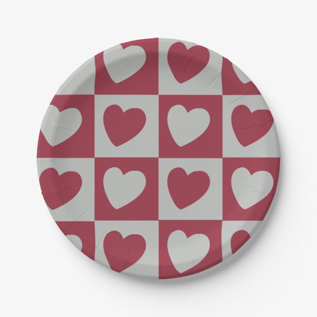Red Grey Love Hearts Chequered Pattern Party Paper Plate (Front)