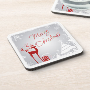 Red, Grey Merry Christmas Coaster Set (6)