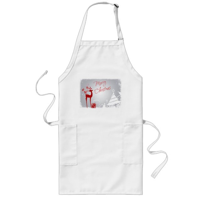 Red Grey Merry Christmas Deer, Snowflakes Apron (Front)