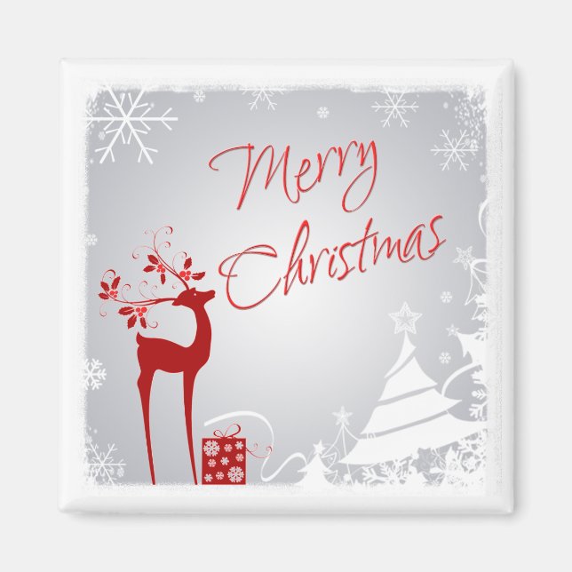 Red Grey Merry Christmas Deer, Snowflakes Magnet (Front)