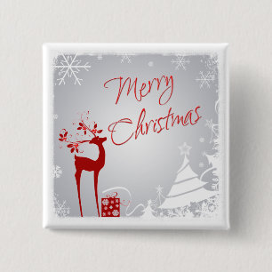 Red, Grey Merry Christmas Deer, Trees, Snow Button