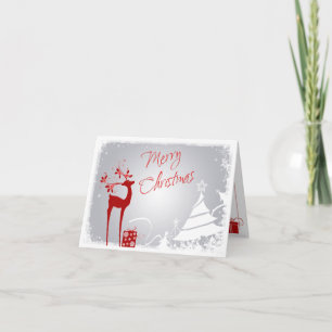 Red, Grey Merry Christmas Trees & Deer Photo Card