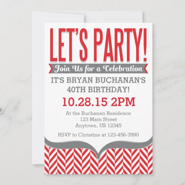 Red Grey Modern Herringbone Birthday Invitations (Front)
