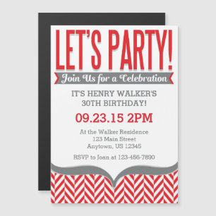 Red Grey Modern Magnetic Birthday Invitations