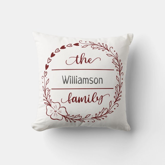 Red Grey Monogram Family Name Floral Wreath  Cushion (Front)