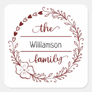 Red Grey Monogram Family Name Floral Wreath Square Sticker