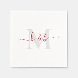 Red & Grey Monogram Swash Script White Cocktail  Napkin
