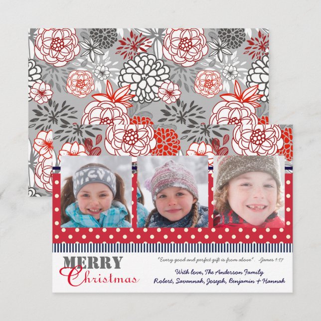 Red, Grey, Navy Flowers 3 Photos-3x5Christmas Card (Front/Back)