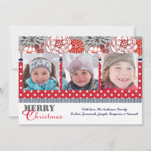 Red, Grey, Navy Flowers 3 Photos - Christmas Card