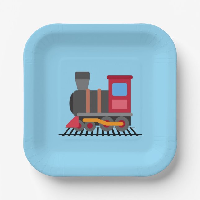 Red, grey, orange and blue colour train  paper plate (Front)