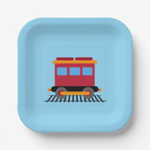 Red, grey, orange and blue colour train paper plate