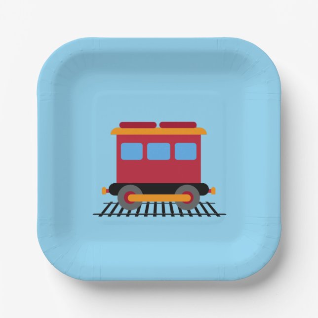 Red, grey, orange and blue colour train  paper plate (Front)