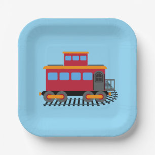 Red, grey, orange and blue colour train paper plate