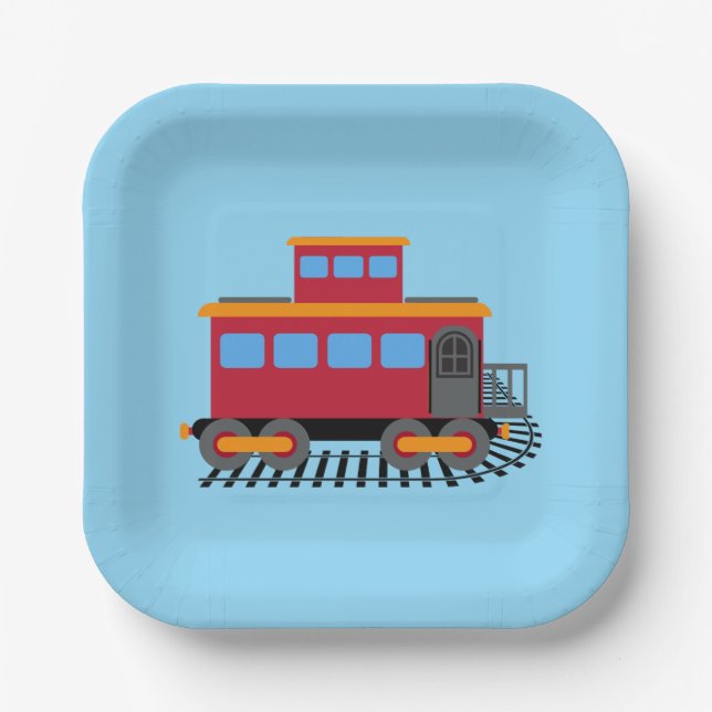 Red, grey, orange and blue colour train  paper plate (Front)