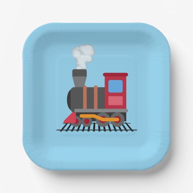 Red, grey, orange and blue colour train  paper plate (Front)