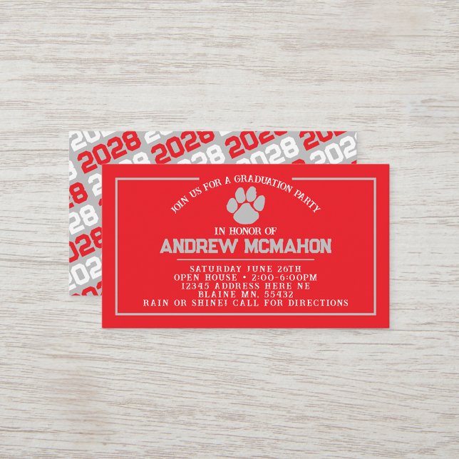 Red & Grey  Pawprint Mini Graduation Invites (Red and Silver Grey Pawprint Mini Graduation Invites for Friends, Team Mates or as Inserts!)